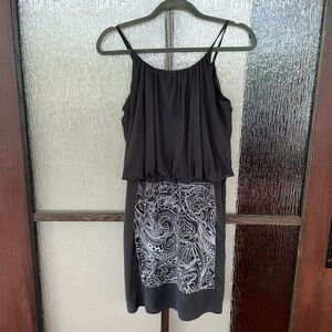 Tibi silk Blouson top mini dress in dark gray with die cut embroidered skirt Sz4
